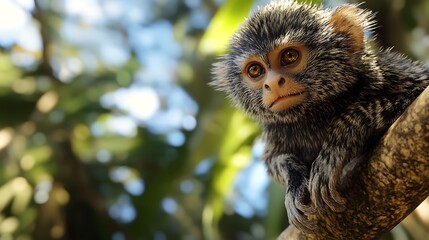 A close-up of a monkey perched on a branch in a lush environment.