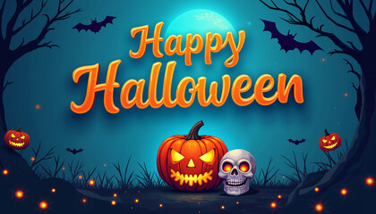 A digital illustration featuring a jack-o-lantern and a skull in front of a full moon in a night sky. Bats fly around and glowing lights create a spooky ambiance. 