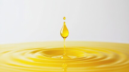 Yellow cooking oil dripping into water, produced from the process of extracting and refining palm oil with a white background looks cinematic