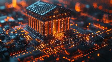 Obraz premium A Futuristic Glass Building on a Circuit Board