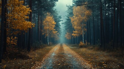 Obraz premium The dark and eerie forest with Tarkovsky style showcases a cinematic atmosphere and realistic details. The grainy texture of the film and the distant sea of clouds add a mysterious beauty to the scene