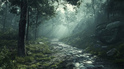 Obraz premium The dark and eerie forest with Tarkovsky style showcases a cinematic atmosphere and realistic details. The grainy texture of the film and the distant sea of clouds add a mysterious beauty to the scene