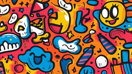 Abstract Colorful Doodle Art with Smiling Faces and Geometric Shapes