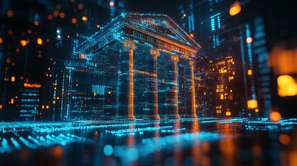 A Digital Representation of an Ancient Roman Temple with Abstract Blue and Orange Lights