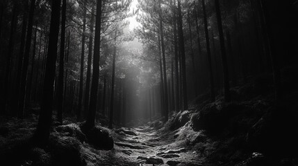 Obraz premium The dark and eerie forest with Tarkovsky style showcases a cinematic atmosphere and realistic details. The grainy texture of the film and the distant sea of clouds add a mysterious beauty to the scene