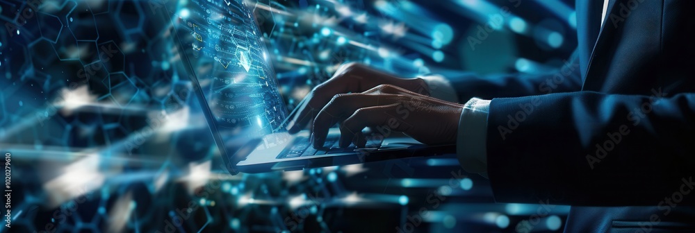 Poster a person interacts with a laptop, highlighted by glowing data streams, enhancing the focus on cyber 