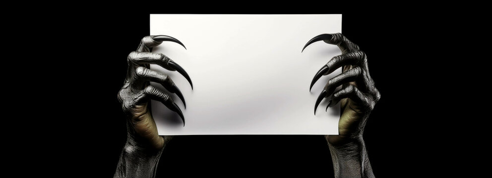 Closeup of two scary black hands of a monster with long sharp claws holding a blank sheet of paper with copy space, isolated on black background. Template for a Halloween greeting card. Generative Ai