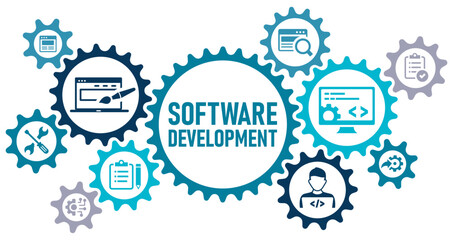 Software development concept banner website web icons vector illustration with an icons of planning, analyze, design, implementation, testing and integration, maintenance, on white background editable