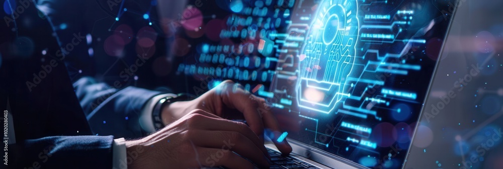 Aufkleber a professional focuses on safeguarding sensitive information using a laptop, showcasing cyber securi