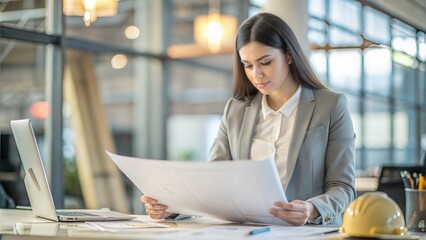 India Architecture, portrait of India woman reading drawing paper in office for engineering, internet and buildings. Digital, construction and creative with female designer for project management