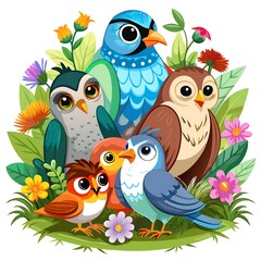 Naklejka premium A group of birds are standing in a field of flowers