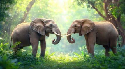 Fototapeta premium Two elephants touching trunks in a lush jungle, symbolizing connection and affection.