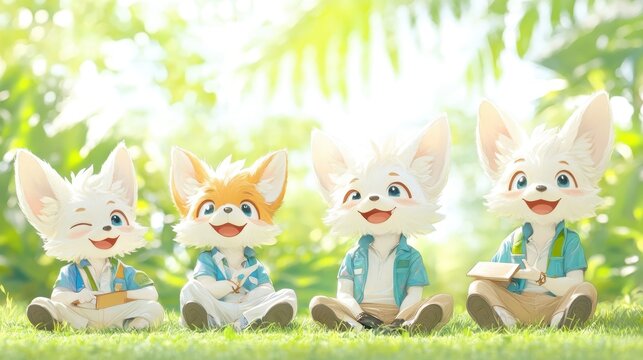 Four cute fox characters sitting in a sunny meadow, smiling. Concept: friendship, happiness.