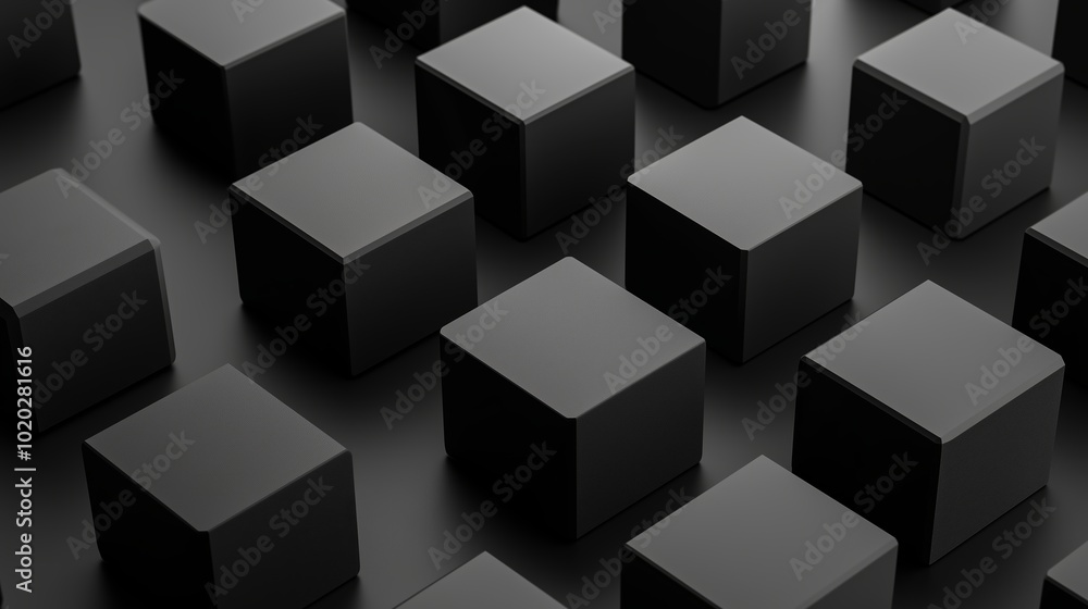 Poster modern minimalist arrangement of black cubes on a dark surface illuminated by soft lighting in an ab