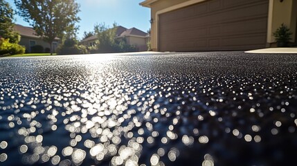 Newly sealed driveway shimmering under the sunlight showcasing the fresh texture and perfect edges of asphalt restoration work