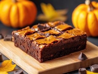 Pumpkin chocolate brownie on wooden board side view bakery confectionery menu concept