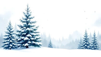 Delicate Watercolor Background Featuring Winter Landscapes, Pine Trees, and Snowflakes