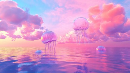 A serene ocean scene showcasing ethereal jellyfish amid vibrant pink and blue clouds, creating a dreamlike atmosphere.