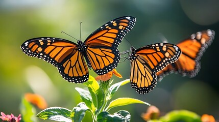 Naklejka premium Two Monarch butterflies perched on vibrant flowers in a sunny garden.