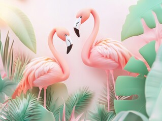Naklejka premium Two pink flamingos face each other amidst vibrant green foliage, creating a tropical and romantic atmosphere.