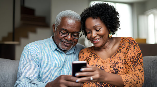 An elderly African-American couple smiles and looks at a smartphone while sitting together on a couch.