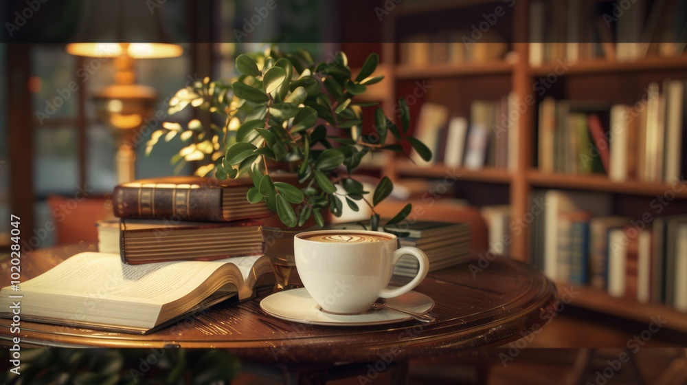 Aufkleber A table adorned with open books and a cup of coffee creates a welcoming ambiance perfect for relaxing and reading. Generative AI
