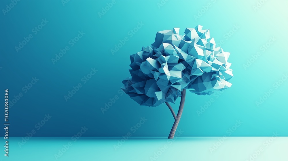 Poster unique low-poly tree design against a vibrant turquoise background with geometric shapes creating an