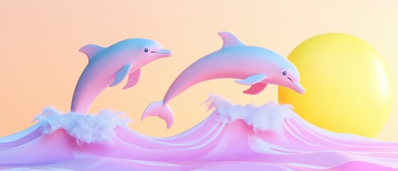 Fototapeta premium Playful dolphins leap joyfully over pink waves as a golden sun sets in a pastel sky, creating a vibrant, whimsical ocean scene.