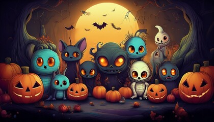 creepy cute creatures in a halloween scene