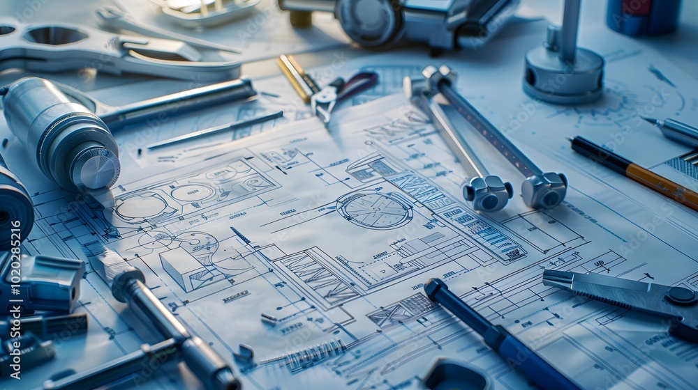 Poster a technical workspace with schematics and blueprints that highlight the functional requirements of a