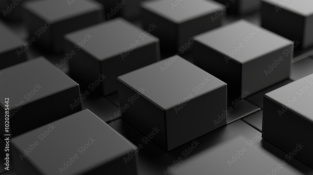 Poster a close-up view of black cubes arranged on a surface highlighting texture and depth in a minimalist 