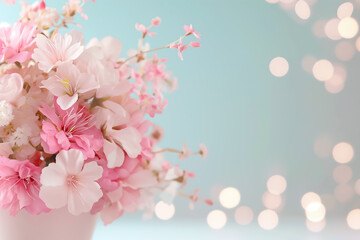 Obraz premium Delicate pink and white flowers create a stunning arrangement in a charming white vase. The soft blue background and shimmering lights enhance the tranquil, springtime feel