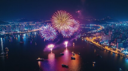 Vibrant fireworks display over a city skyline at night, with boats and a cityscape reflected in the water.