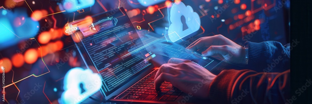 Leinwandbilder hands interact with a laptop, showcasing a cyber security network focused on data protection and clo