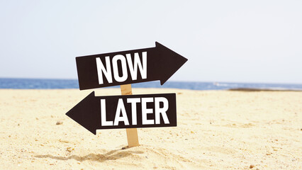 Now vs later is shown using the text. Delay and urgency concept