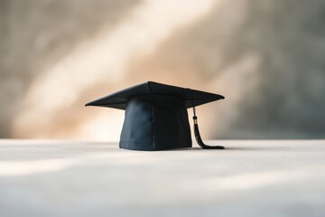 A minimalistic graduation cap placed on a textured surface in warm lighting at a graduation event