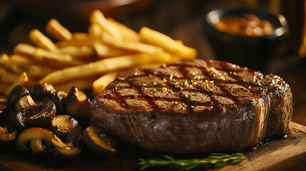 Juicy grilled steak served with crispy fries, grilled mushrooms, and savory sauce. Perfect for a delicious meal. Ideal for food photography and culinary applications.