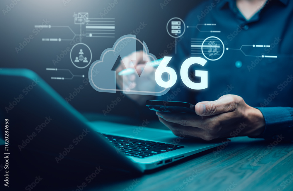 Poster global network connection 6g on hand business man.global network connection 6g with icon concept, te