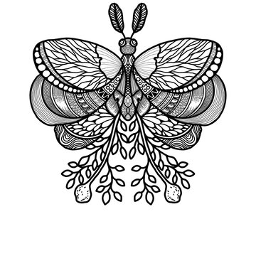 Whimsical black and white line art or doodles of butterfly with intricate zentangles and zendoodles patterns