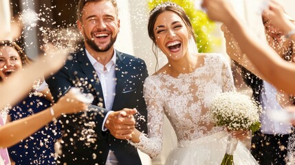 Bride and groom joyfully walking through confetti. Concept: wedding celebration and happiness.