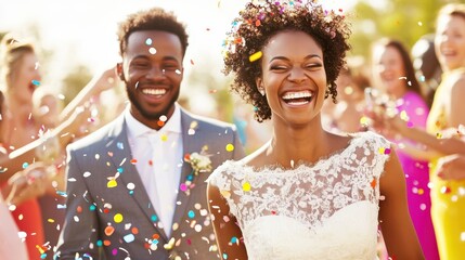 Bride and groom joyfully walking through confetti. Concept: wedding celebration and happiness.