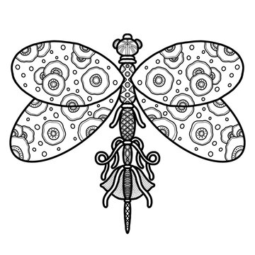 Whimsical black and white line art or doodles of dragonfly with intricate zentangles and zendoodles patterns