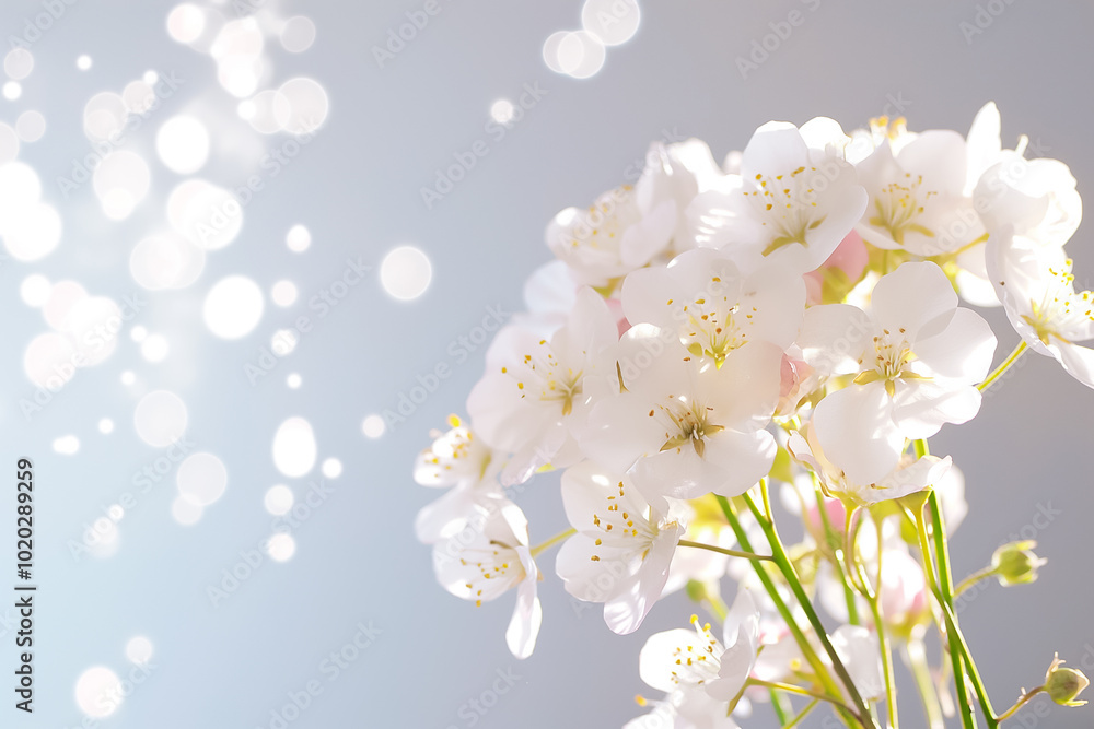 Sticker A cluster of white blossoms stands alone, radiating purity and grace. Soft bokeh lights create a dreamy ambiance, enhancing their serene charm