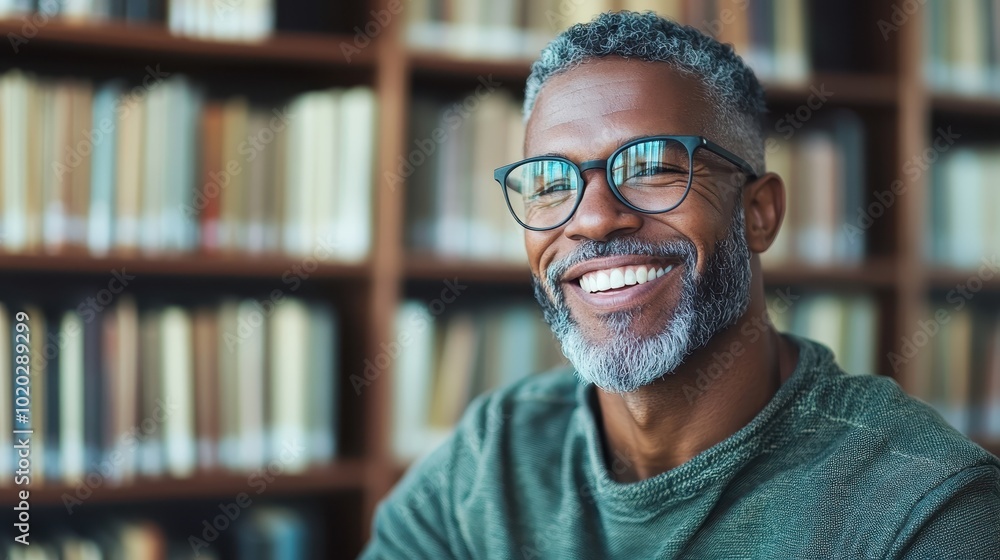 Poster a cheerful man with spectacles smiles broadly in a library setting, with shelves of books indicating
