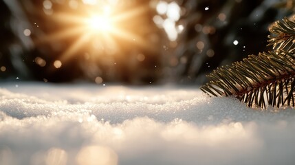 A sunlit fir branch rests on a blanket of sparkling snow, casting a warm glow in the winter landscape, capturing the serene beauty of a tranquil moment in nature.