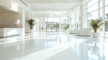 Fototapeta premium A contemporary lobby with white furniture and large windows is brightened by sunlight. The green plants add freshness and warmth to the modern minimalist space.