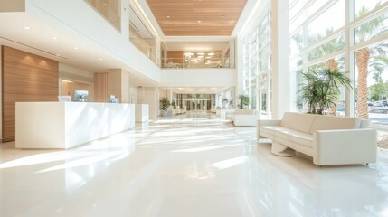 A spacious, modern white lobby is bathed in natural light, featuring sleek furniture and glass walls. The clean design emphasizes elegance and an inviting atmosphere.