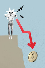 Vertical photo collage of shocked girl hold head arrow point down coin dollar inflation reduction...