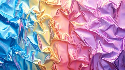 Abstract Background of Crumpled Holographic Foil in Blue, Yellow, and Pink