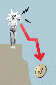 Vertical photo collage of shocked girl hold head arrow point down coin dollar inflation reduction fail isolated on painted background